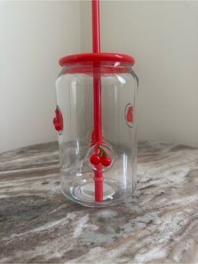 Viral tik tok Red Cherry Glass Tumbler with Straw